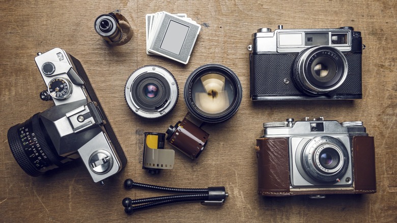 vintage rangefinder and SLR film cameras, lenses, and film