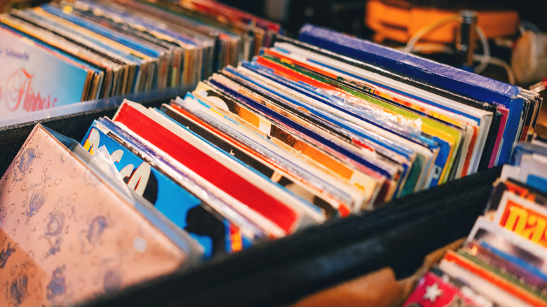 Used records in crates at record store