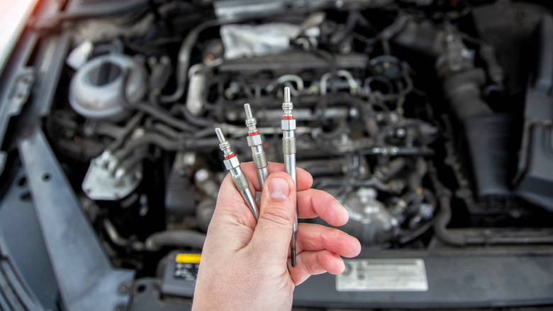 Hand holding three diesel glow plugs