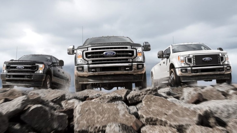 A trio of 2021 Ford F-Series Super Duty trucks.