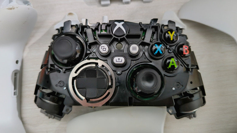 An Xbox Series X controller with the shell removed.