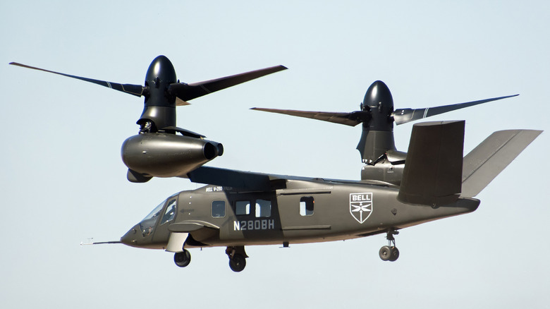 A Bell V-280 Valor tiltrotor aircraft in hover mode