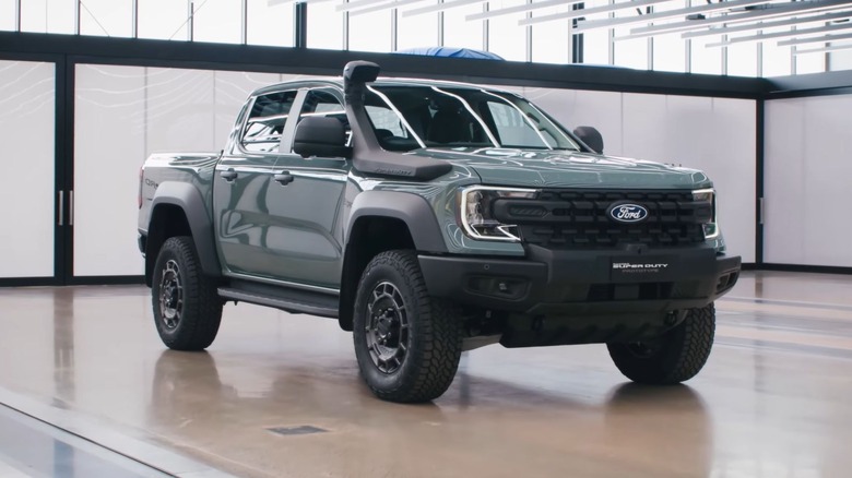 A green Ford Ranger Super Duty prototype on display
