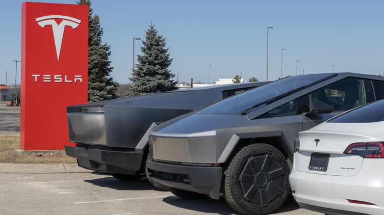 Two Tesla Cybertrucks and one white Tesla sedan parked outside a dealership